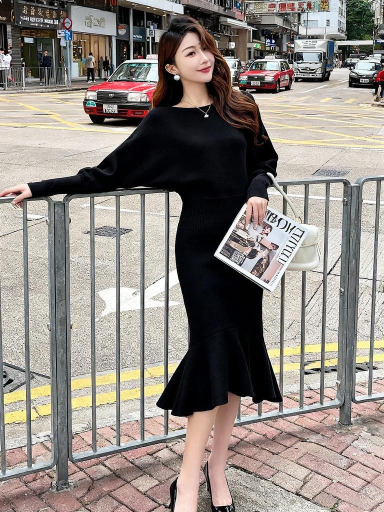 Elegant Black Mermaid Skirt Dress: Women's Long Sleeve, Over-the-Knee Knitted Style