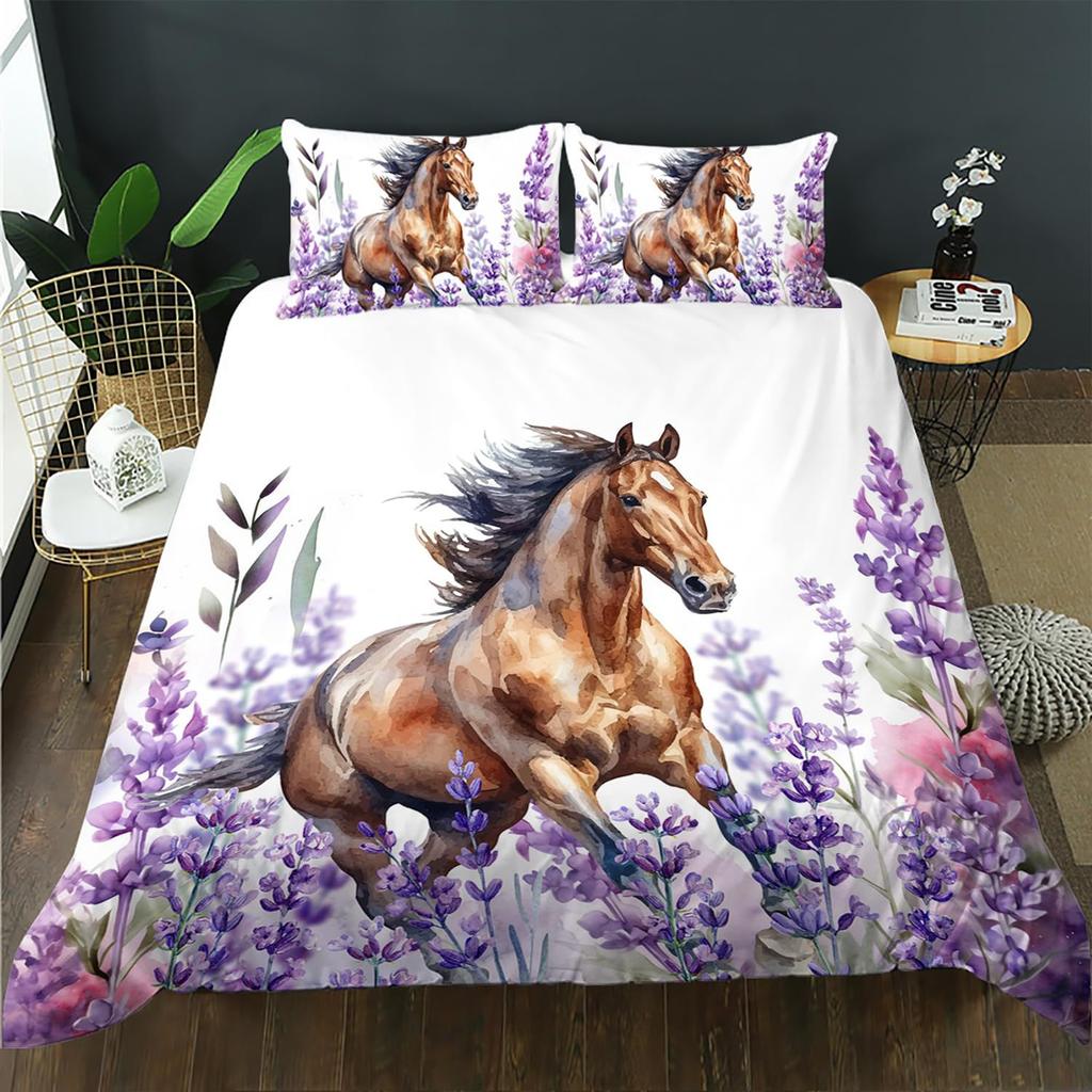 Pentium Horse Duvet Cover Pink Cherry Blossom Wildlife Bedding Series Three-Piece Set