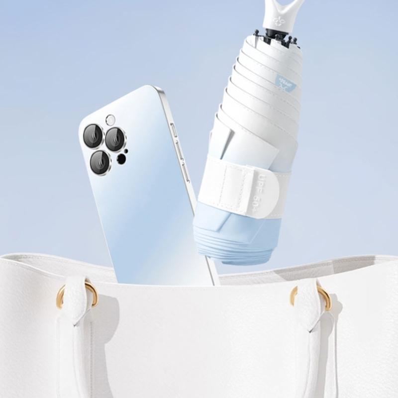 Mini Folding Travel Umbrellas with Rings Handle and Storage Bag Gradients Color UVs Protections Lightweights Portable