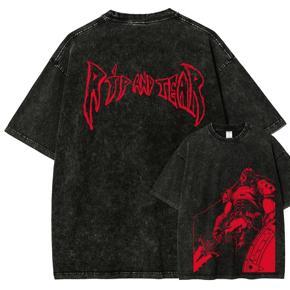 T-shirt Grafica Stile Retrò Gioco FPS Classico DOOM Uomo Donna Cotone Lavato Vintage Morbido Casual Oversize Top Estivo Nuova Maglietta