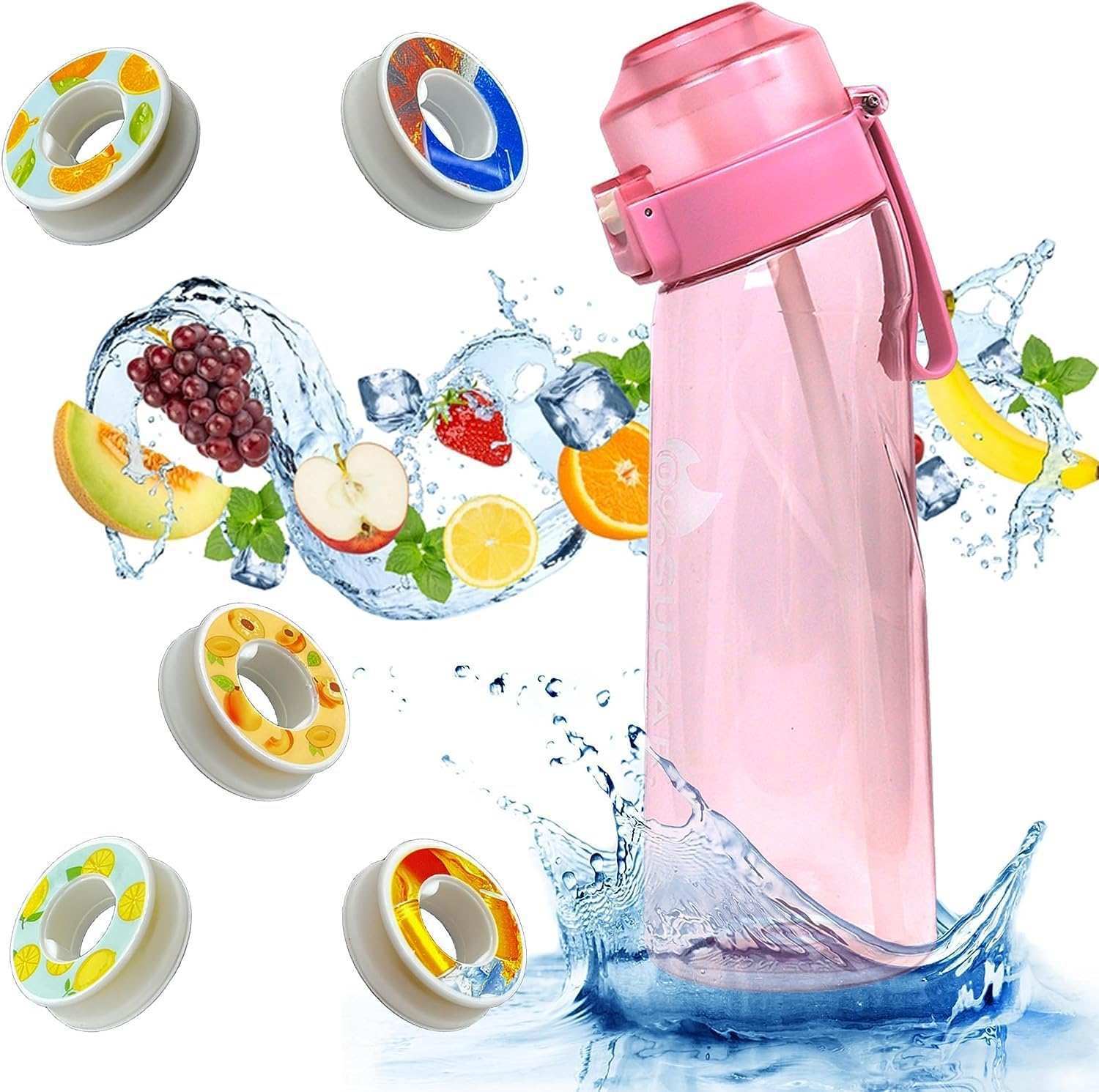 

Motion Water Bottle 650ml Sports Alr Up Drinking Bottle 5 Fruit Fragrance Pods Water Cup for Outdoor Camping Fitness Fashion 0.65L прозрачный розовый