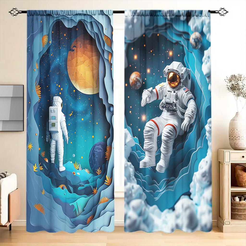 2pcs Astronaut Into Space Printed Curtain for Home Decor - Rod Pocket Window Treatment for Bedroom, Office, Kitchen, Living Room