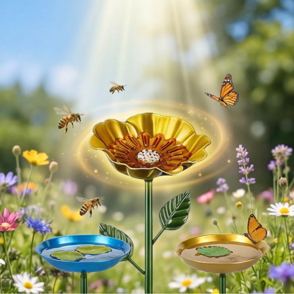 Bienentränke: 4er-Pack Eisen-Bienenfutterspender mit verstellbarem Stab - Rostfeste Bestäuber-Tasse für Garten Außenbereich Terrassen-Dekoration Blau Rot Grün Gelb