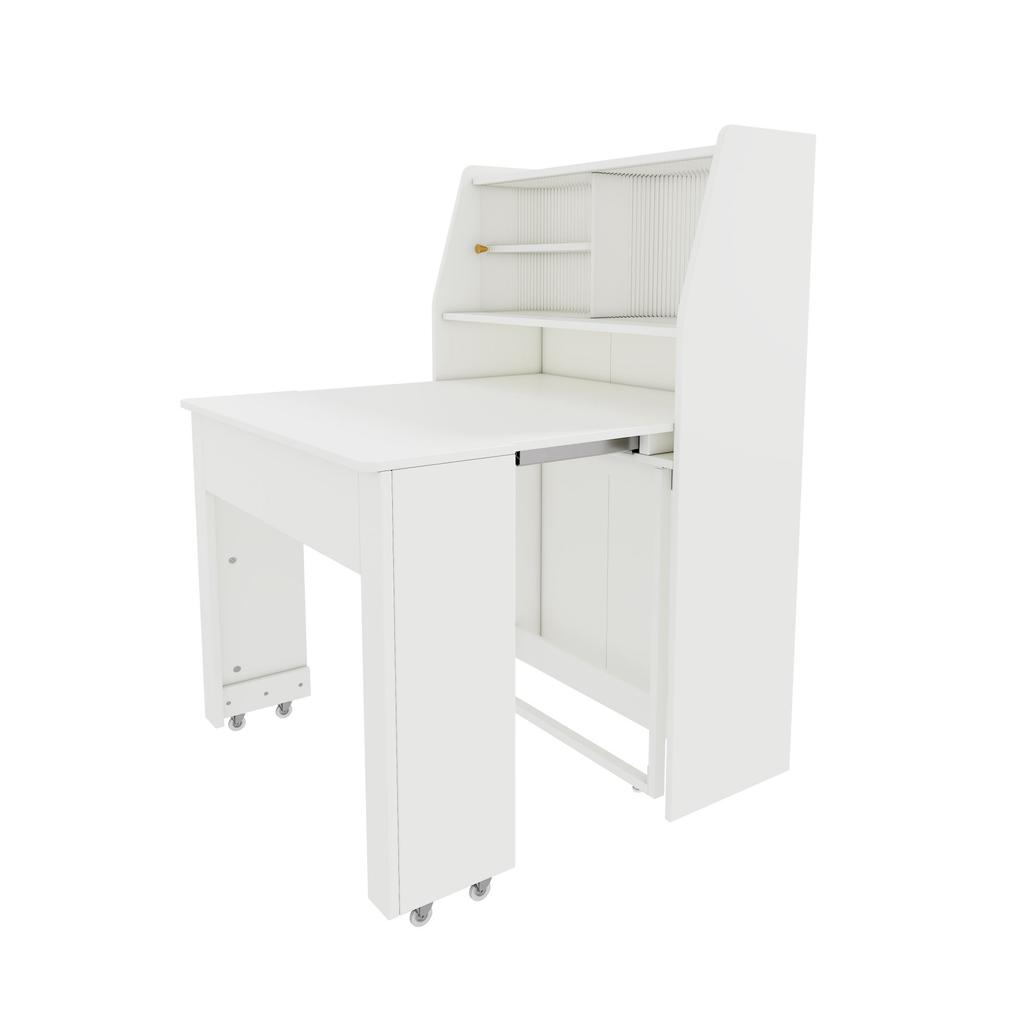 Extendable Dining Table, L52/132.5xW80xH76cm, One-Way Extending, Storage Cabinet, Rectangular, Coffee Lounge, Space-Saving Multifunctional, White