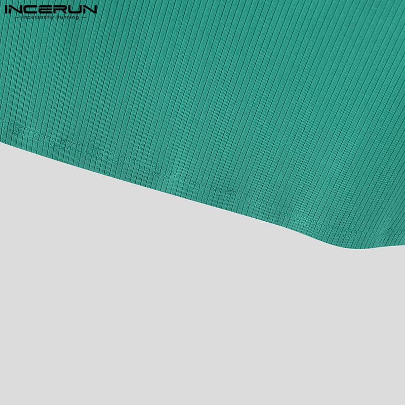 INCERUN Men Mockneck Short Sleeve Zip-up Rib Casual Fitted T-shirts Tops