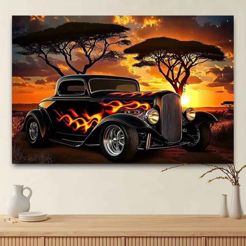 Stylish Old Car Tapestry, Hot Rod with Flames at African Sunset Landscape Wall Art for Party Backdrop