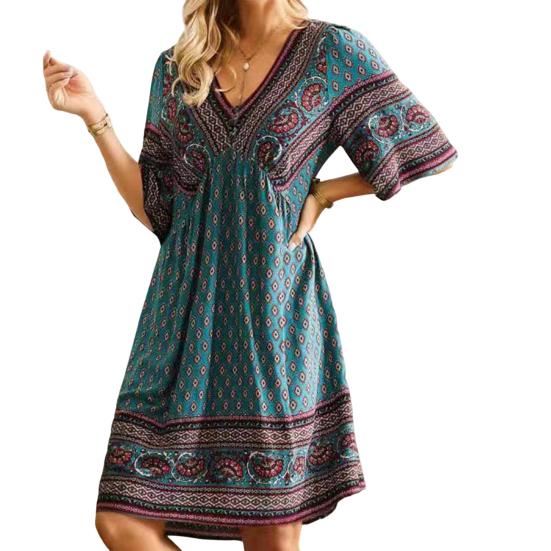 V-Neck Half Sleeve Women Dress High-Waist Knee-Length Ethnic Print Retro  Print Holiday Dress Female Clothing  buy the best products in the Ayzeze  online store