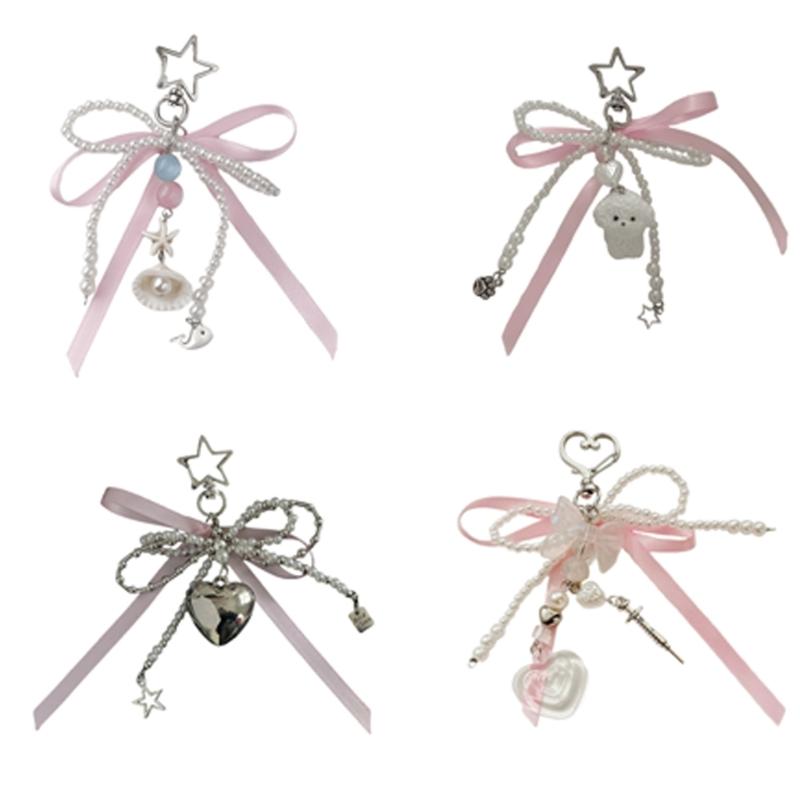 Fashionable Faux Pearls Bowtie Charm Stylish Bowknot Ribbon Keychain Bag Ornament Jewelry for Purses and Accessories