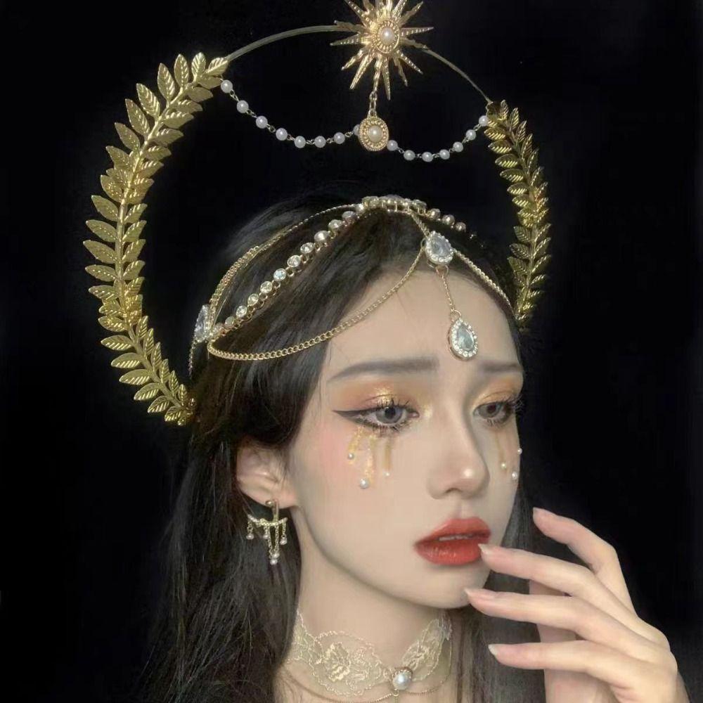 Vintage Sun Goddess Crown Gold Plated Tiara Headpiece Baroque Tiara Headband Stage Performance