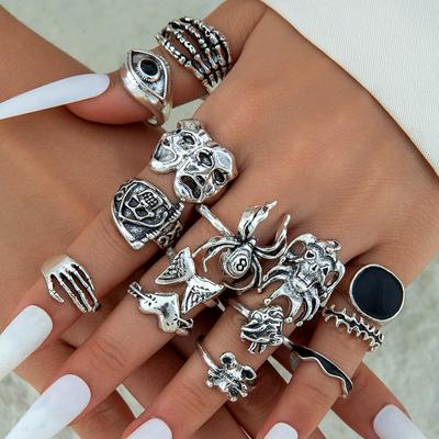 14Pcs/Set Gothic Monster Ring Women Men Creative Spider Skull Eye Skeleton Hand Belt Silver Color Metal Rings Fashion Jewelry
