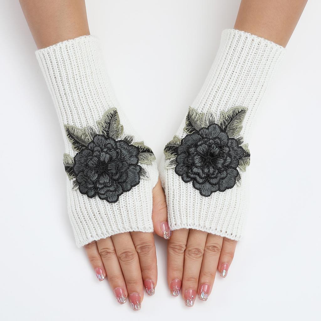 New Autumn and Winter Women's Knitted Woolen Sleeve Sleeves Half Finger Exposed Gloves Fashionable and Warm Short Wrist Guards Flower Gloves
