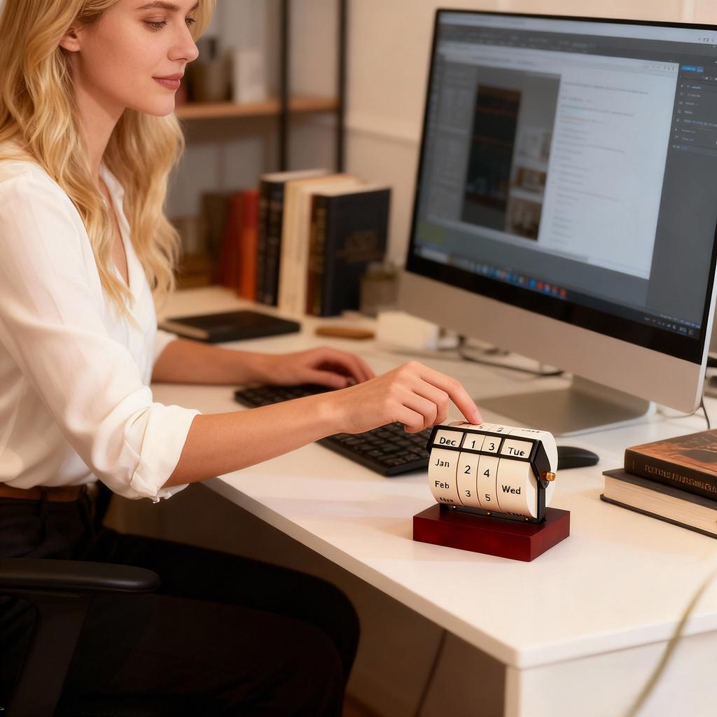 Dřevěný otočný věčný kalendář, Stolní kalendář, Odpočítávací kalendář do nového roku, Domácí stolní kalendář, Dekorativní ozdoba.