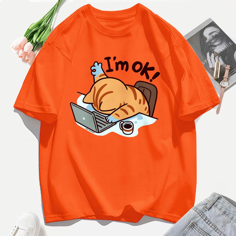 A Cat That Persists In Work Print Women T Shirts Casual Hip Hop Tees Tops Multicolor Cotton Sportswear Loose Short Sleeve Female