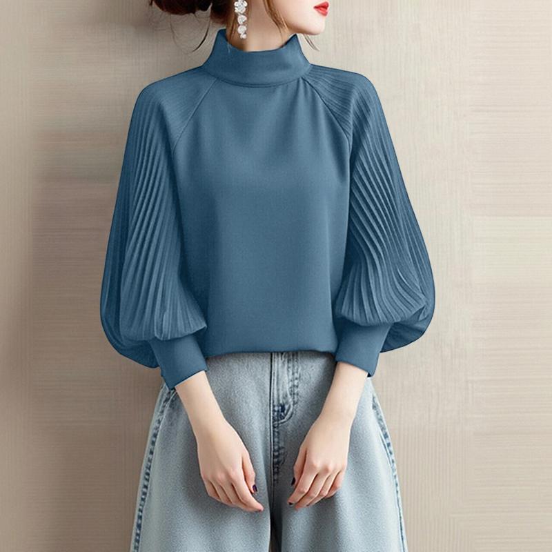 

ZANZEA Женская повседневная блузка с воротником-стойкой и длинными рукавами свободного кроя синий