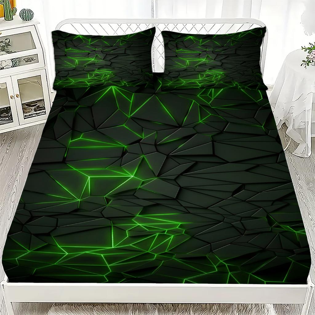 3pcs Fitted Sheet Set Visual Geometry Dizziness Print 100% Polyester Breathable Bedding Set for Home Decor with 2 Pillowcases