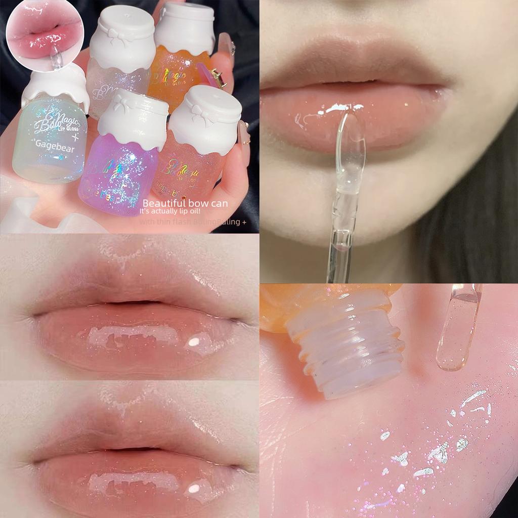 Bowknot Lip Gloss, Moisturizing Plumping Lip Gloss with Glitter, Milk Jar Lip Honey