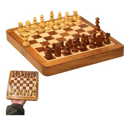 7 Inches, Pocket Size, Very Small, Travel Chess Set,Wooden Handcrafted Foldable Magnetic Chess Board Set with Magnetic Pieces and Extra Queens