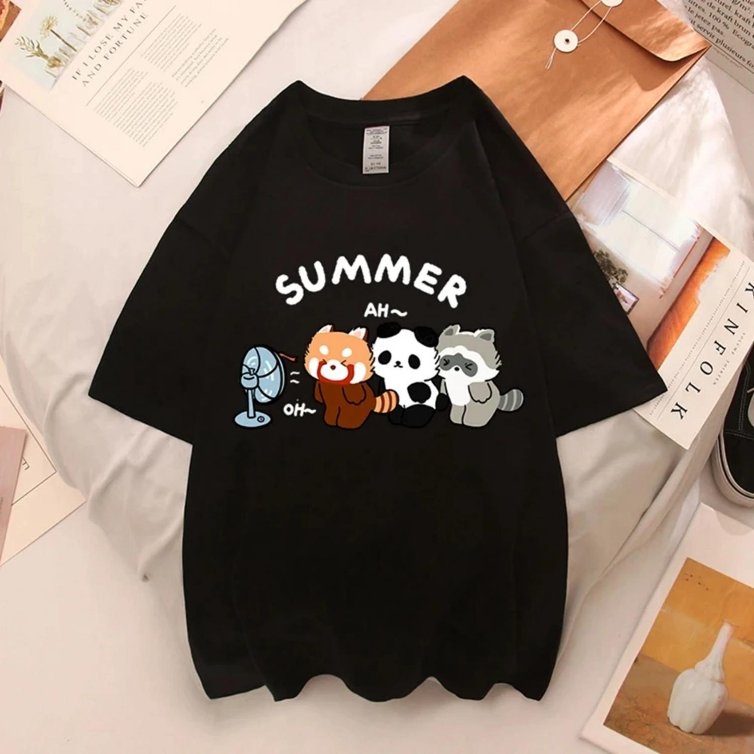 

Fun Panda And Raccoon Illustrations Printed Men Women Short Sleeve Summer Cotton Breathable T-Shirts Casual Loose Tee 70341 XXXXXL чорний
