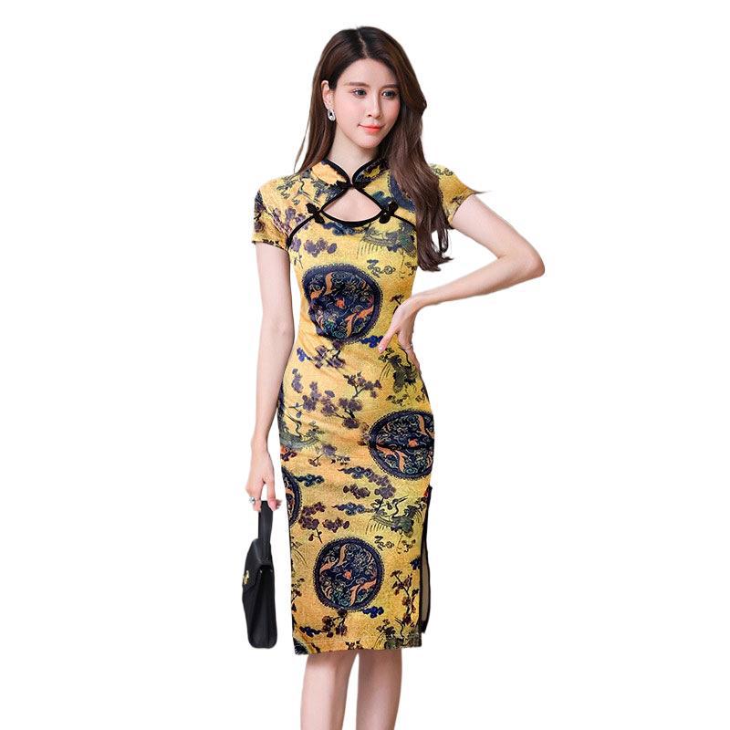 Summer Sexy Chinese-Style Printed Mid-Length Slit Dress for Women with Hollow Out Plate Buckle, Improved Qipao Design