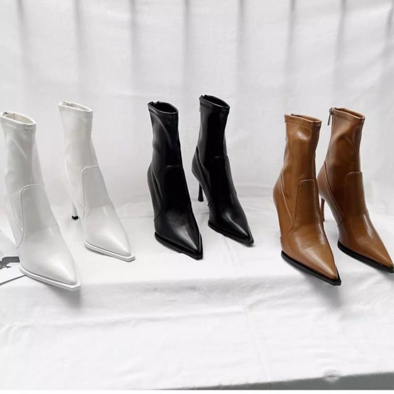 Fashion High Heeled Pointed Toe Booties Retro Spring and Autumn New Skinny Heel Paneled Rear Zipper Skinny Booties