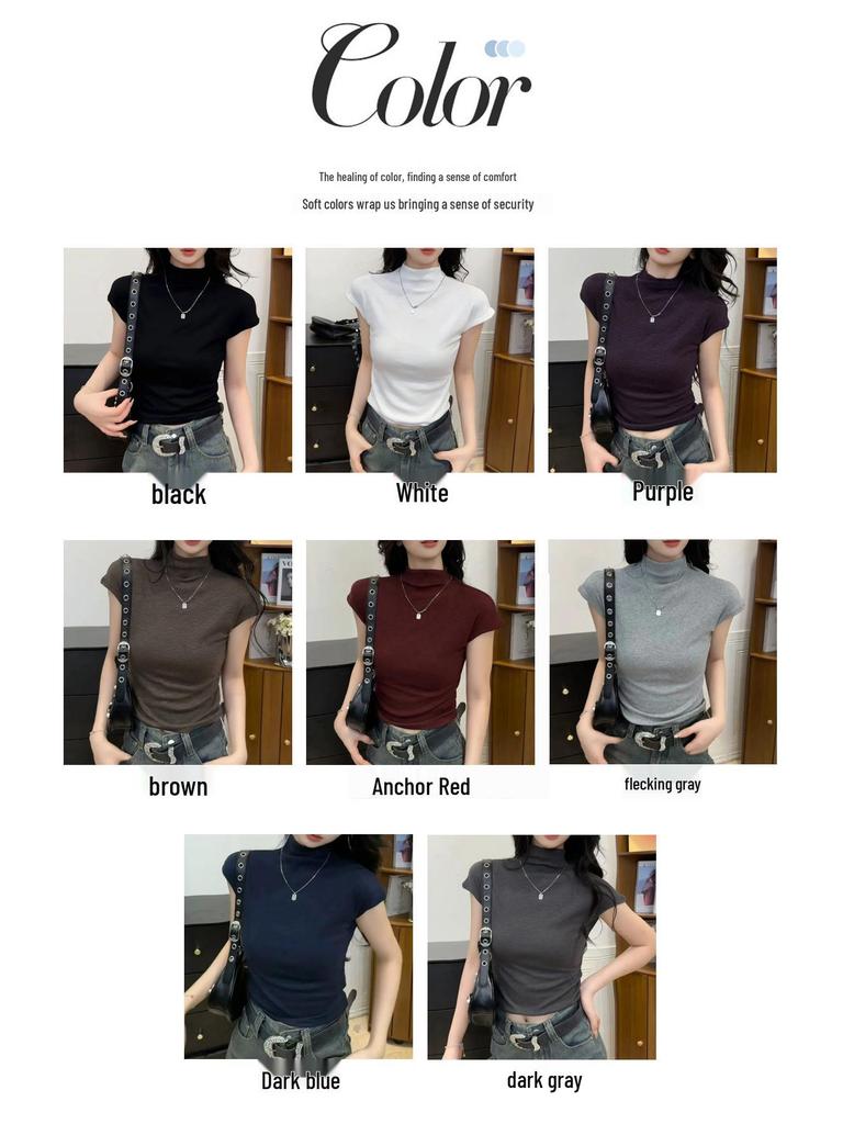 2025 Women's Slimming Korean Style Solid Color Half High Neck Short Sleeve T-shirt for Early Autumn
