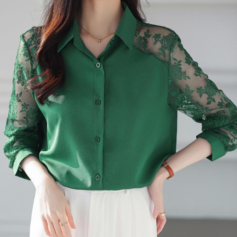 16 Color Lace Patchwork Chiffon Shirt Women Blouse Fashion Hollow Long Sleeved Top Slim OL Work Party Shirt Solid Color