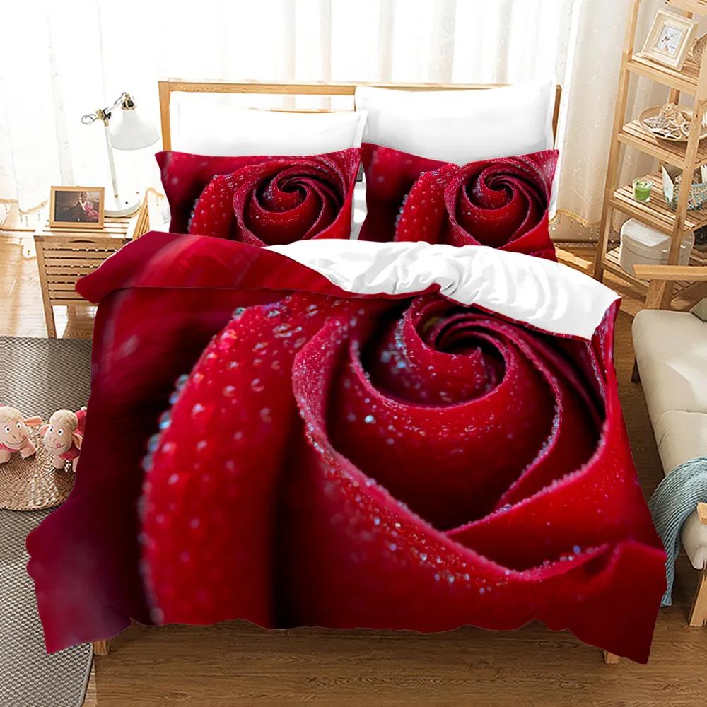 Rose Polyester Påslakanset King Full Size Röd Blomma Blommor 3D-tryckt Romantiskt För Flickor Kvinnor Par Älskare Sängklädesset