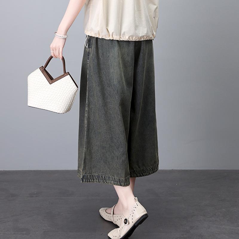 Pantaloni de damă retro brodați cu picior larg din denim cu șnur, talie înaltă, croi scurt pentru vara 2024