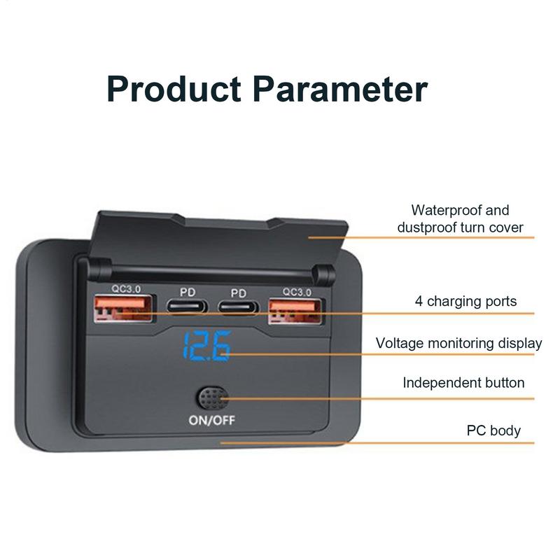 4-Ports 12V RV USB Outlet 76W Dual PD3.0 USB-C 36W & Dual QC3.0 18W Car Charger Socket Adapter for Car Bus Boat Truck