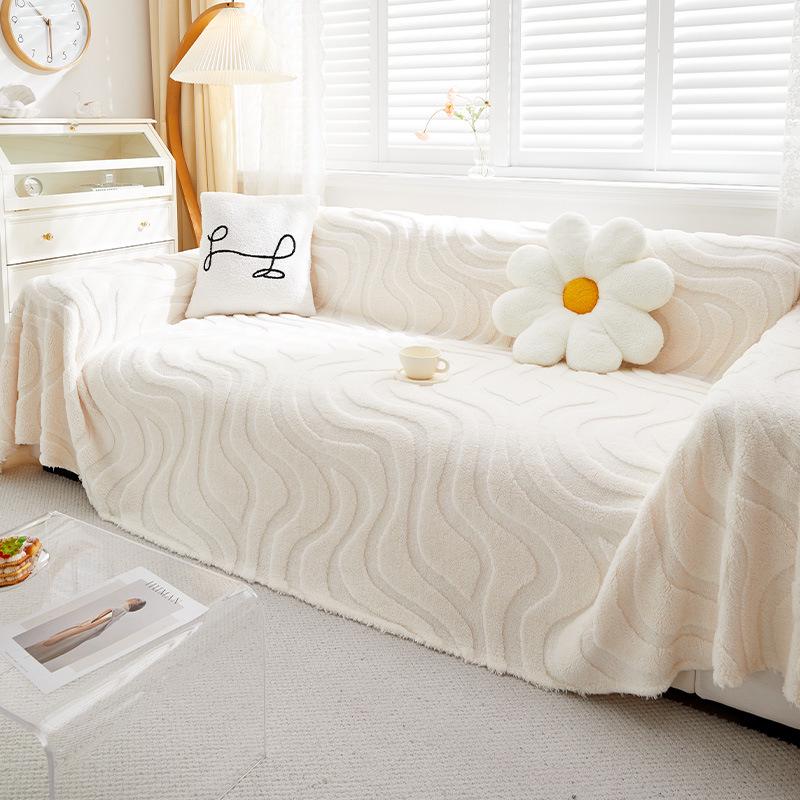 Cream Velvet Non-slip Sofa Cover - Cat Scratch Resistant, All-Season, Fully Enclosed Cushion Protector.
