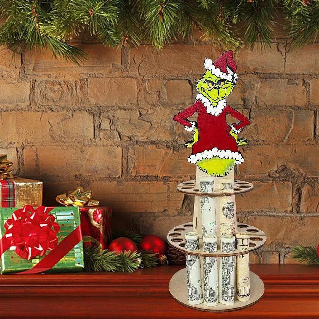 Christmas Unique Money Holder Double-Layer Cash Holders, Green  Desktop Money Holder, Wooden Holder For Placing Money