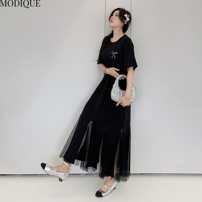 MODIQUE Summer Plus Size New Women Loose Elegant Solid Color Printing Mesh Hemline Long Dress Female Casual Short Sleeve O-Neck Dresses