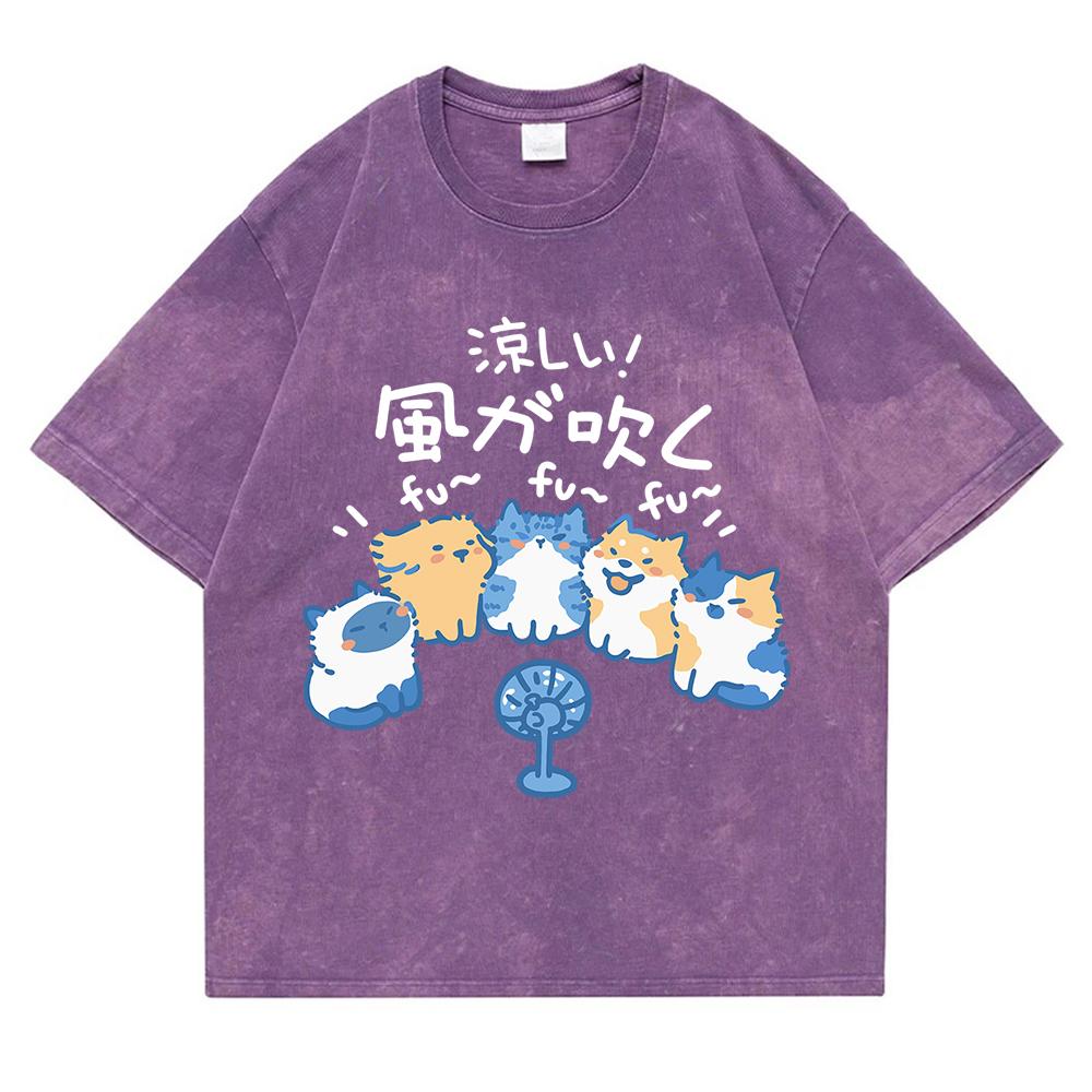 Cute Animals Blowing Fans Washed Retro Snow Clothes Men Loose Oversize T-Shirts Summer Fashion Cotton T-Shirt Tops