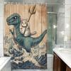 Wasserdichter Duschvorhang mit Motiv Katze reitet Dinosaurier - Design mit Meereswellen, Schimmelresistent, Leicht zu reinigen, Strapazierfähiges Gewebe für Badezimmerdekoration
