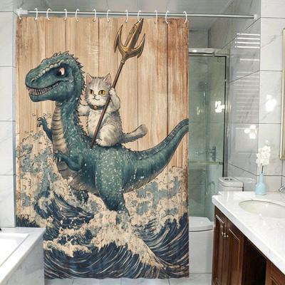Cat Riding Dinosaur Waterproof Shower Curtain - Ocean Waves Design, Anti-Mold, Easy To Clean, Durable Fabric for Bathroom Decor