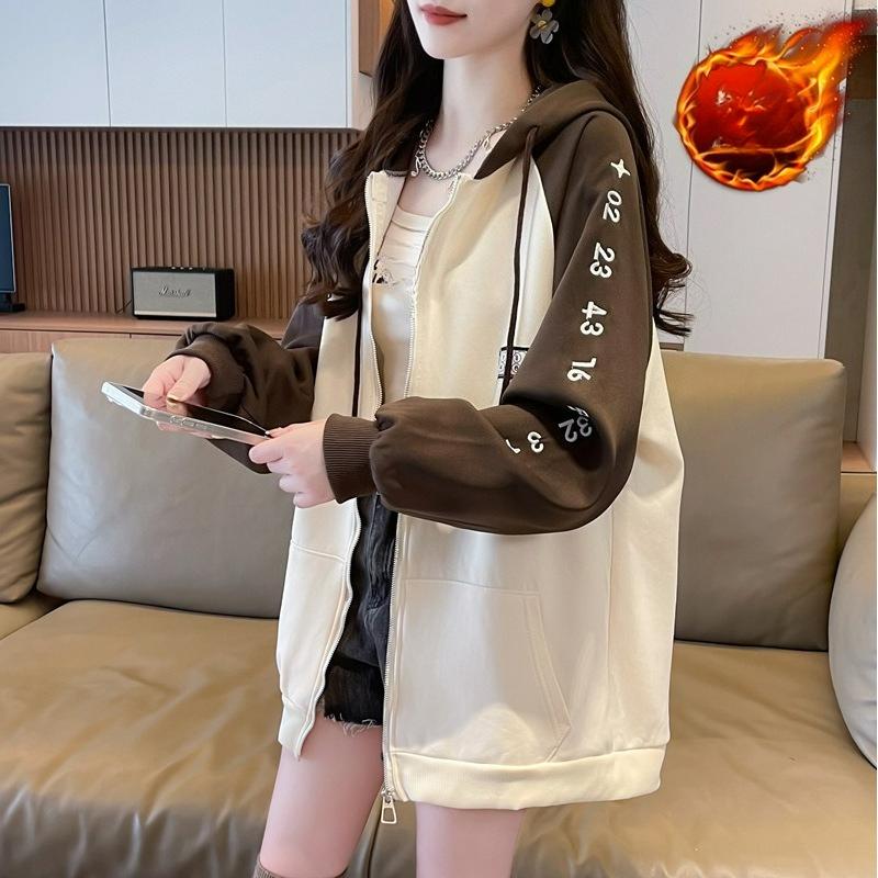 Thin Sweater Women's Spring and Autumn Hooded Fashion Contrast Letters American Plus Velvet Thick Cardigan Zipper Jacket Women