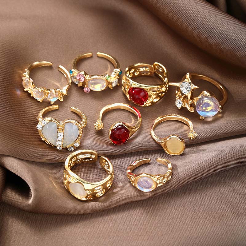 

9Pcs/Set Y2K Red Crystal Heart Open Rings Set for Women Girls Vintage Punk Metal Irregular Geometric Adjustable Ring Zircon золотой
