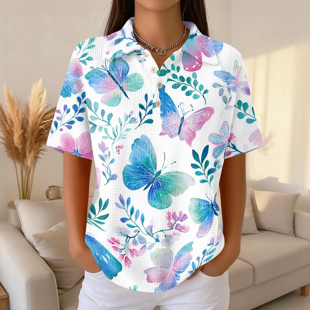 Women’s Casual Short Sleeve Knit Collared Top with Floral Print Relaxed Fit Button Down Blouse for Daily Wear