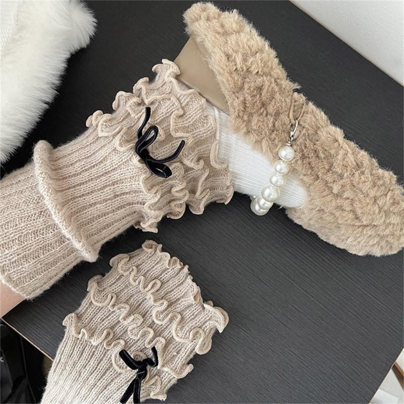 Ribbed Knit Boot Cuffs Footless Socks with Elegant Bows Designs for Women Layered Ruffle Edge Leg Warmers Streetwear