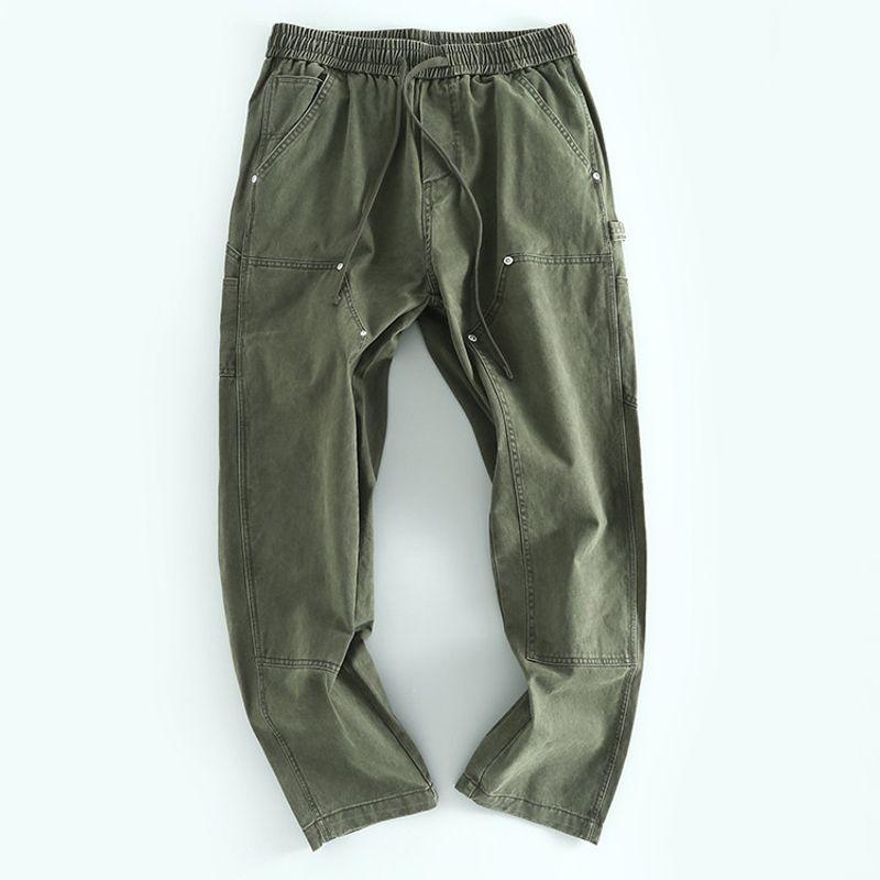Foreign Trade Export Men s Overalls Solid Multi-pockets European and American Retro Men s Elastic Waist Plus size Men s Trousers Fashion Army Green 2XL