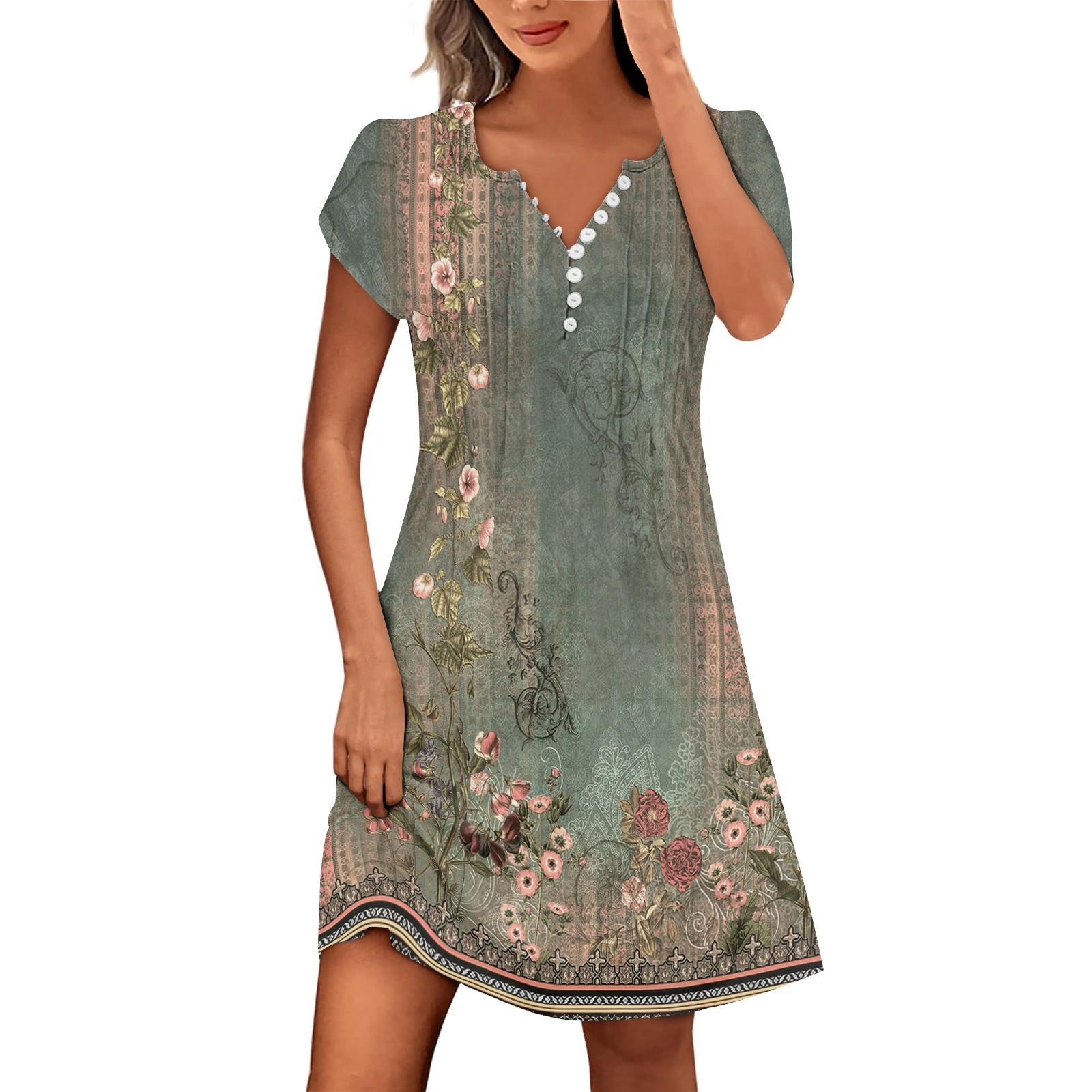 Women s Summer Button V-Neck Petal Sleeve Vintage Floral Bohemian Beach Dresses L