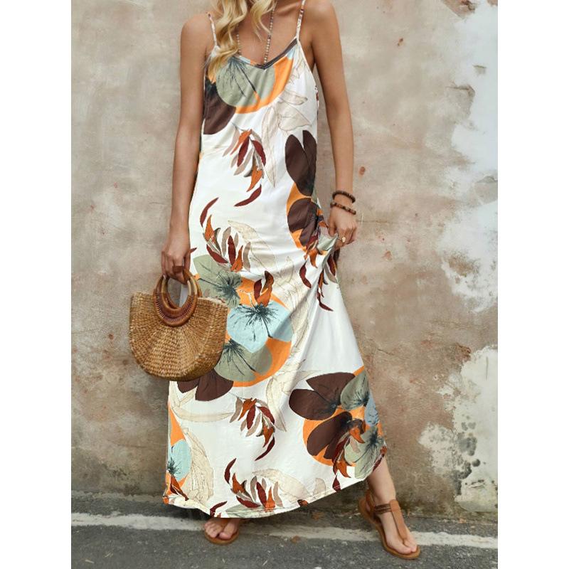 European, American spring and summer women's clothing vacation style printing casual V-neck suspender loose dress
