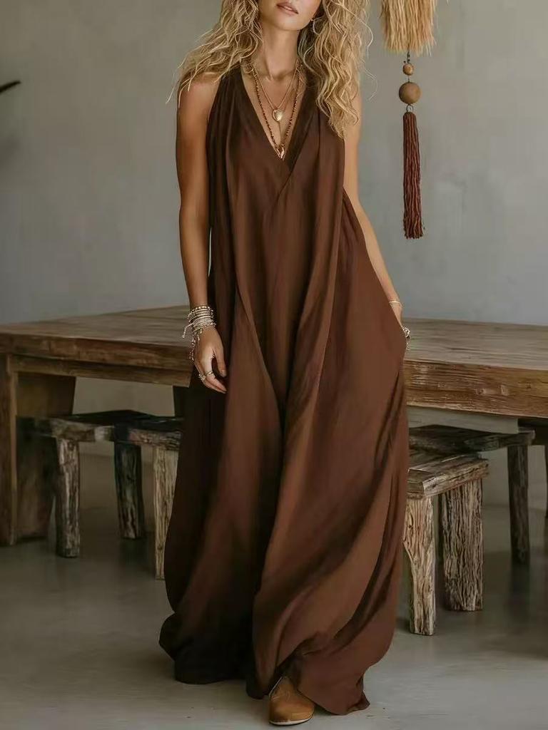 Damen Sommer Locker Ärmellos Schickes Maxikleid, Einfarbig Patchwork Elegantes Partykleid Lässig Einfach V-Ausschnitt Damenkleider