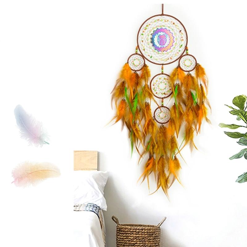 3D Rotating Colorful Owl Dreamcatchers Windchimes with Feathered Wall Hanging Decoration for Bedroom and Living Room