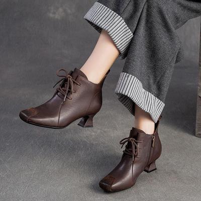 Botas de Salto Alto de Bico Quadrado com Zíper Lateral em Couro Genuíno Temperamento Versátil Sapatos Femininos