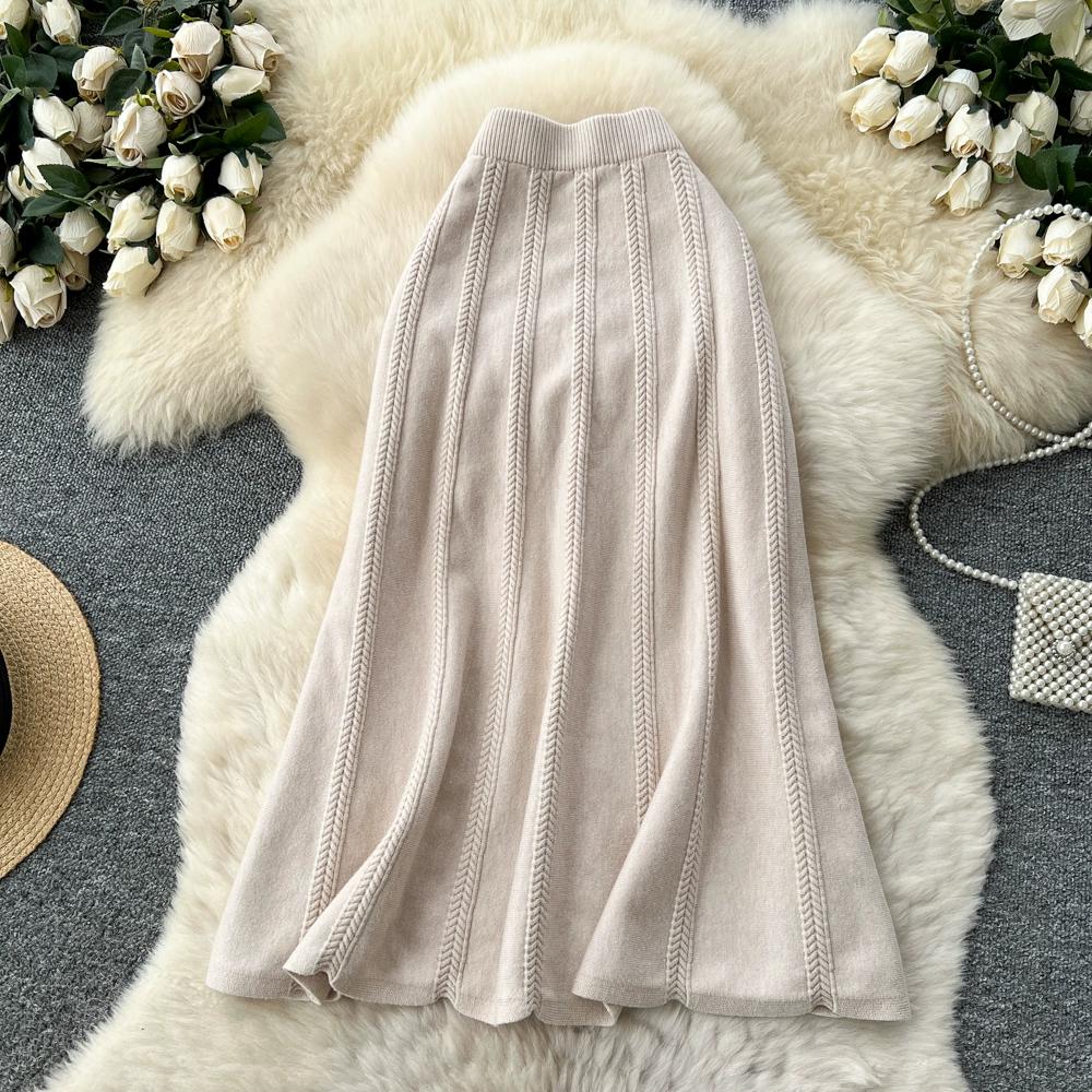 Autumn Winter Women Casual Twist Knitted Elastic High Waist Long Midi Skirt