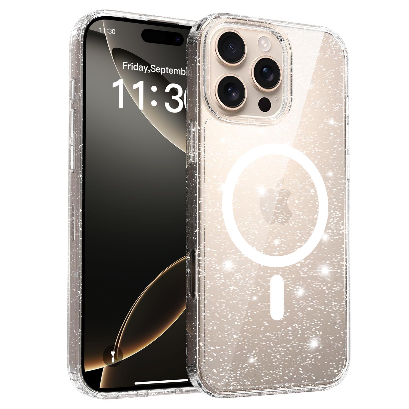 For iPhone 16 Pro Max Magnetic Case Glitter Design TPU PC PET Drop Proof Phone Cover
