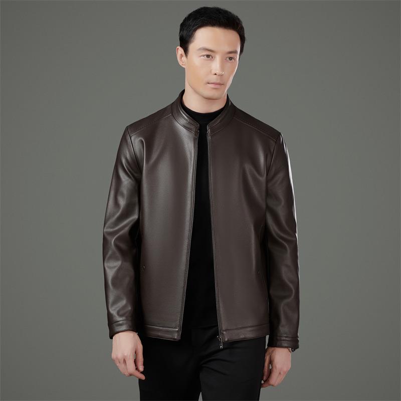 Men's Middle-Aged Business Casual Sheepskin Leather Jacket with Stand Collar and Plus Velvet Lining