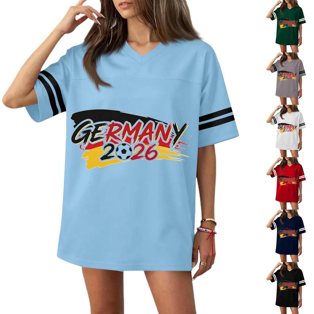Women’s Casual V Neck Soccer Jersey Style Short Sleeve T Shirt with Germany Flag Print and 2026 Football Graphic Top