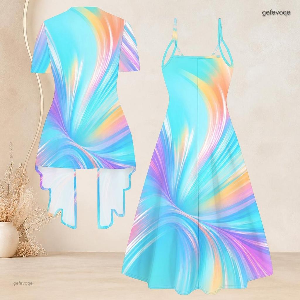 Women Plus Size Colorful Printed Two Piece Set V Neck Strappy Flared Dress Short Sleeve Open Front Cardigan